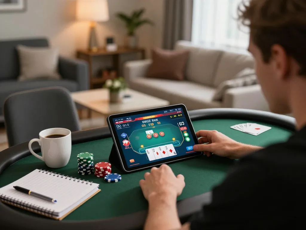 Engaged player enjoying a poker game on 789win while analyzing strategy notes in a cozy home setup