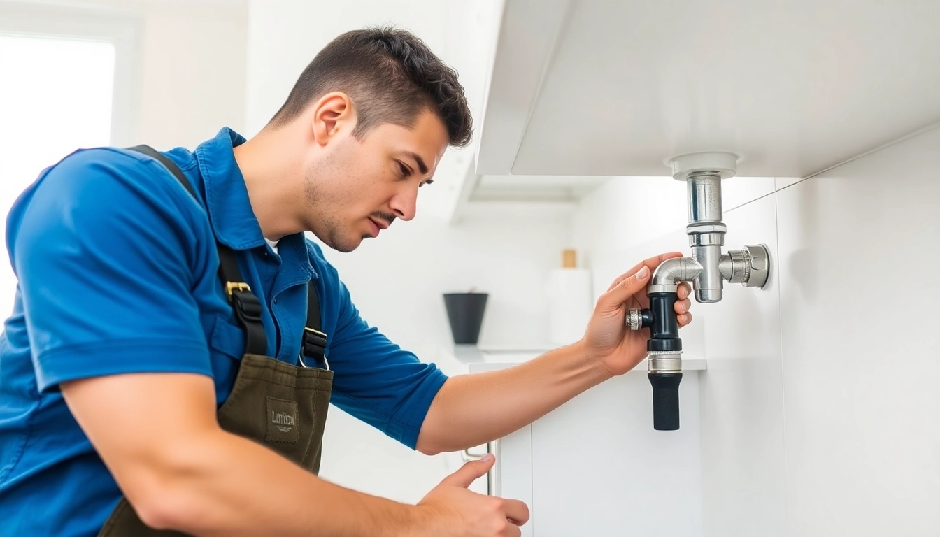 Plumber near me fixing a kitchen leak, showcasing expertise in a bright, clean setting.