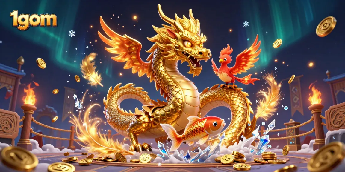 Experience thrilling action at 1gom with a dynamic scene featuring a golden dragon and a lucky koi fish.