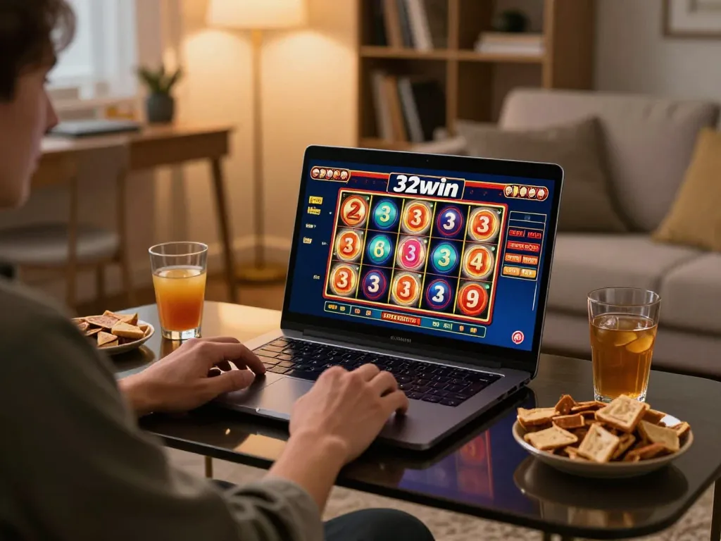 Experience the thrill of 32win online slots with an engaging gameplay setup in a cozy home.