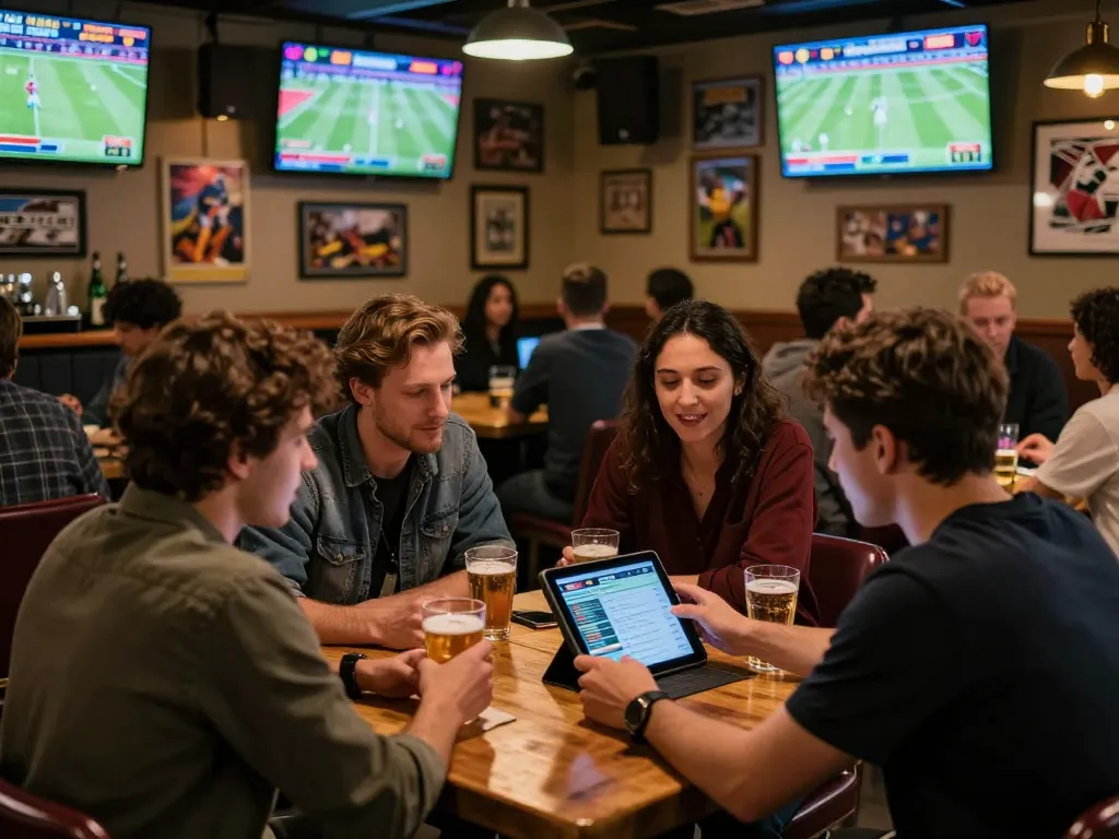 Excited sports bettors analyzing odds at say88 in a lively sports bar setting.
