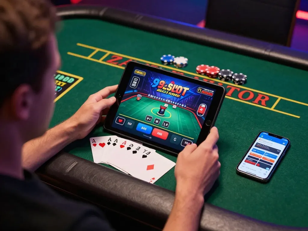 Engaging in live dealer game at home with 92slot app, highlighting strategic gambling.