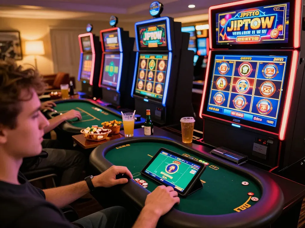 Player enjoying JPTOTO online poker game on a tablet with colorful casino graphics around