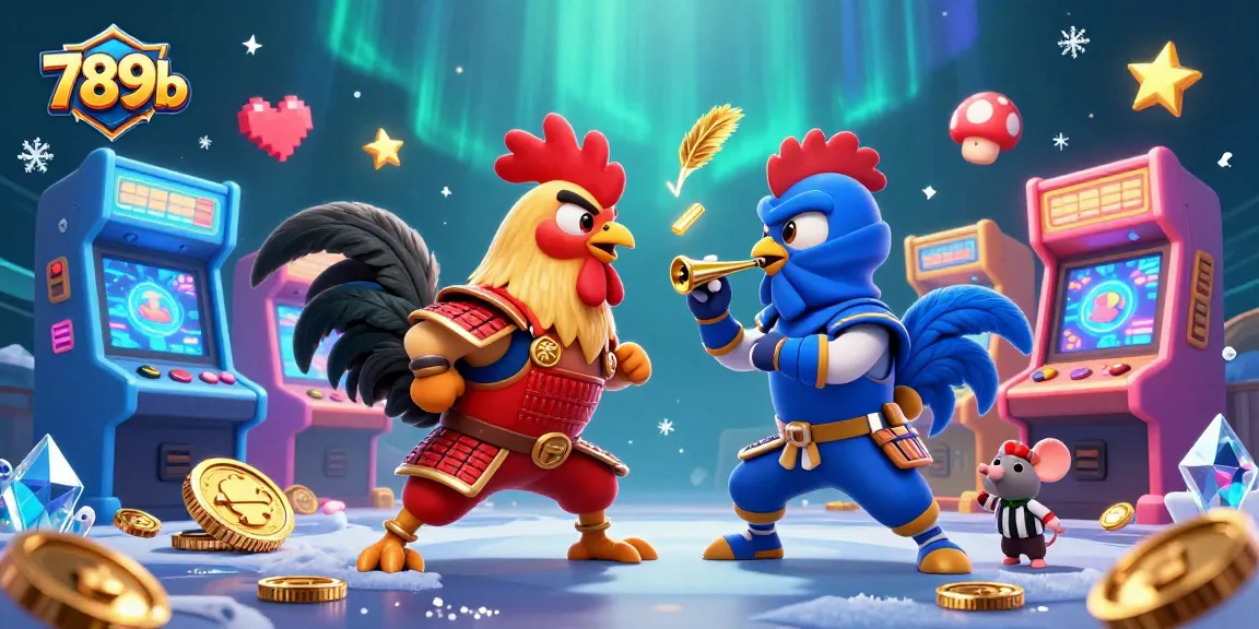 Engage in thrilling gameplay with 789b - twin roosters in epic standoff amidst vibrant casino elements.