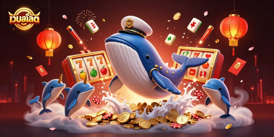 Engaging illustration of เว็บสล็อต with a captivating whale, poker chip dolphins, and slot reels in action.