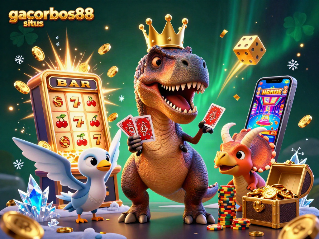 Engage with gacorbos88 situs as a T-Rex shuffles cards and a triceratops stacks chips in a vibrant casino setting.