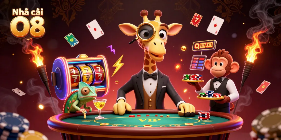 Experience thrilling action at Nhà cái O8 with a lively casino scene featuring creative characters.