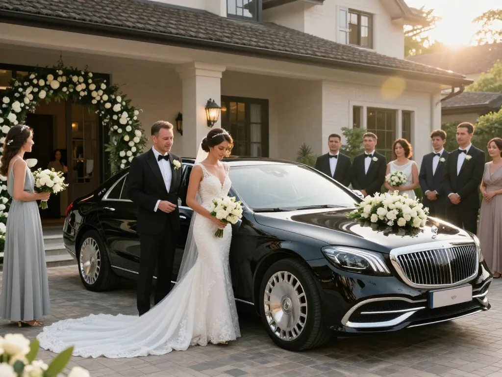 thuê xe cưới Mercedes trong một bối cảnh cưới sang trọng với trang trí tinh tế và cặp đôi hạnh phúc