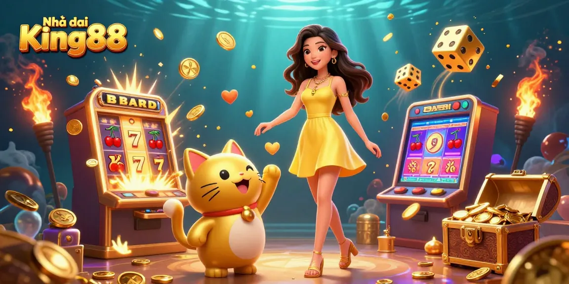 Engage with Nhà cái King88 as a beautiful Asian woman joyfully interacts with a golden lucky cat amidst vibrant casino elements.