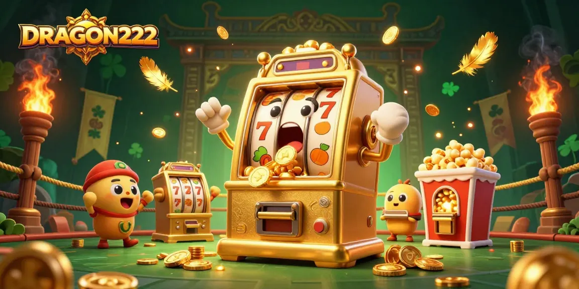 Experience the thrill of DRAGON222 as a golden slot machine wins big, surrounded by cheering companions.
