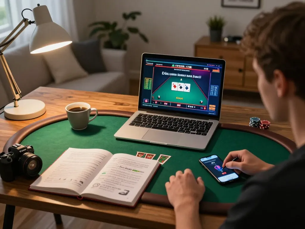 G28 player strategizing online poker game in a cozy home setup with betting app and notes.