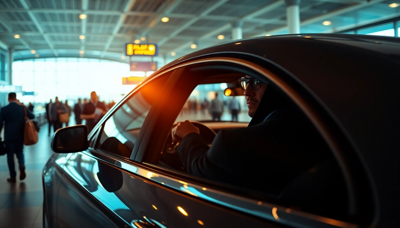 Engage with luxurious Chauffeur Services near me, featuring a professional chauffeur with a sleek sedan at an airport.
