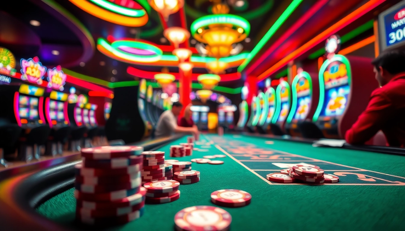 Menggunakan aplikasi slot di kasino dengan meja poker yang menarik dan pemain penuh semangat.