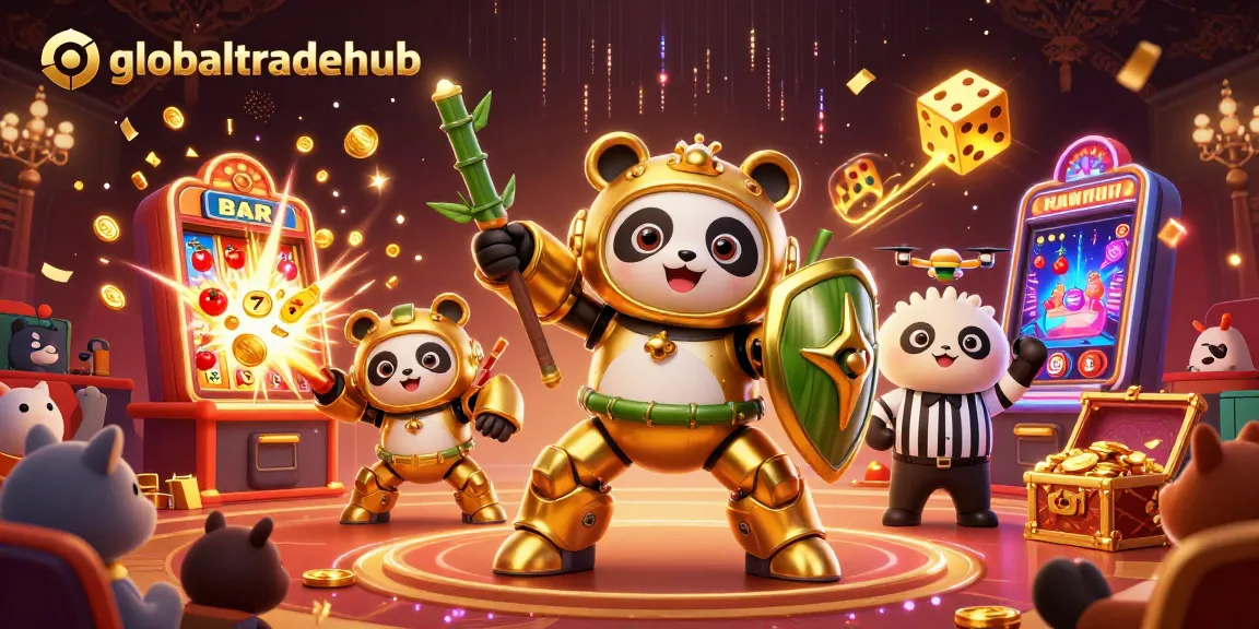 Engage in thrilling gaming at globaltradehub with a dynamic casino-inspired scene of a golden panda