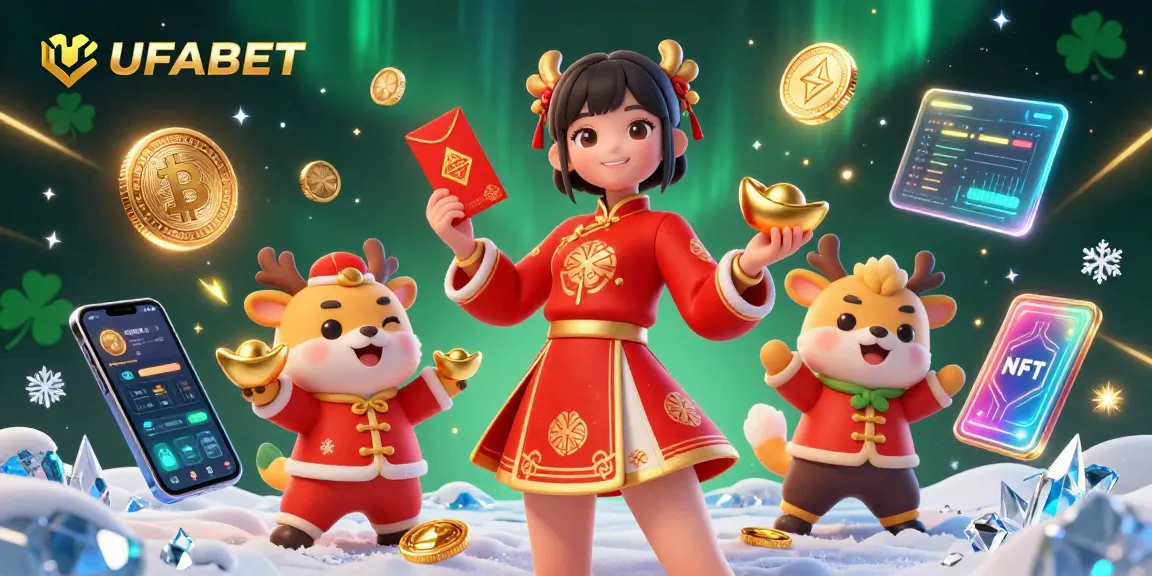 Experience exciting gaming at UFABET with a vibrant Lunar New Year celebration illustration featuring a woman with red envelopes and gold ingots.