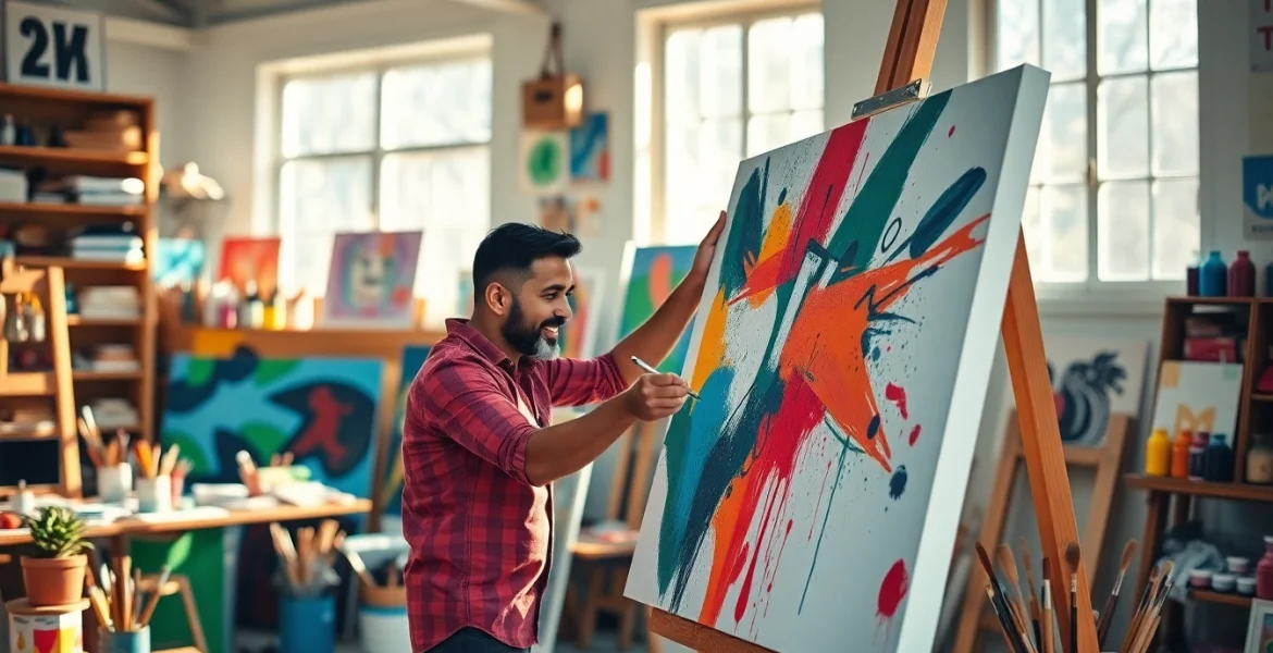 Creatieve klus met canvas in een sfeervolle studio vol kleurige verf en kunstbenodigdheden.