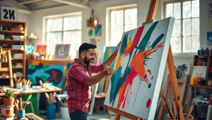 Creatieve klus met canvas in een sfeervolle studio vol kleurige verf en kunstbenodigdheden.