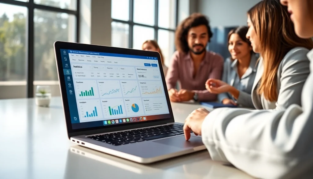 Engaging interface of the best smm panel on a modern laptop in a vibrant office.