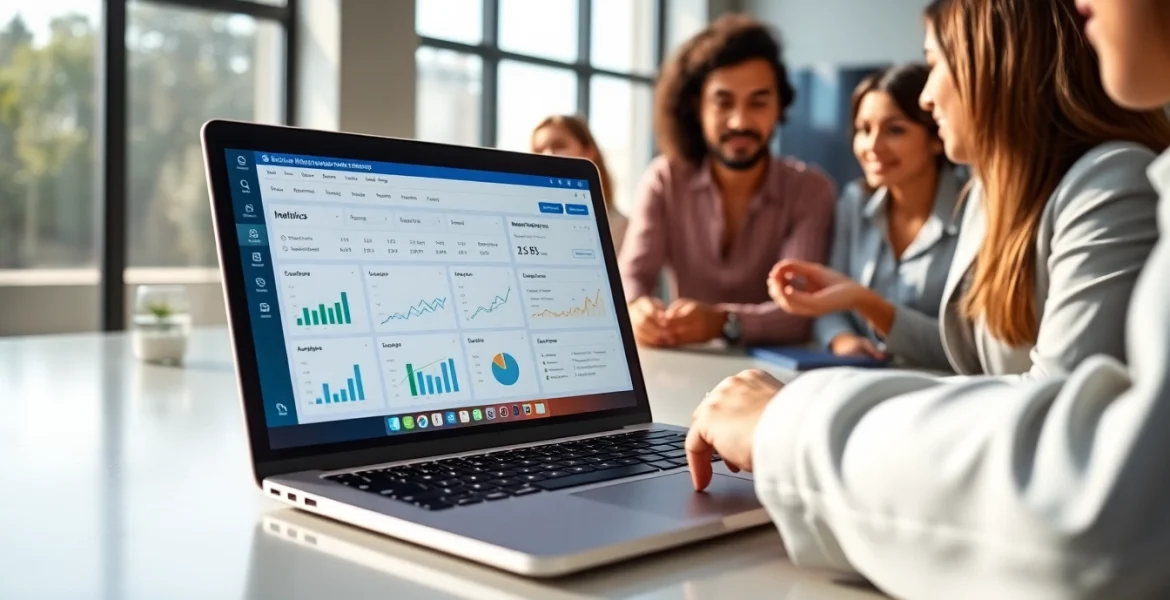 Engaging interface of the best smm panel on a modern laptop in a vibrant office.