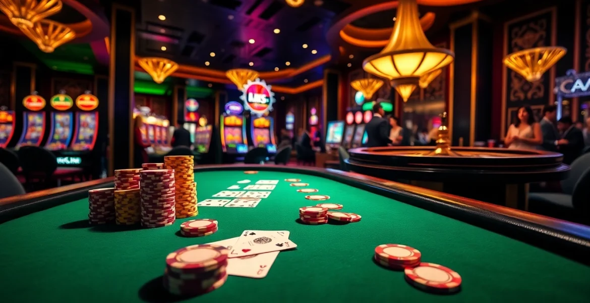 KJC's vibrant casino scene with a high-stakes poker table, colorful chips, and roulette wheel showcases thrilling gambling action.