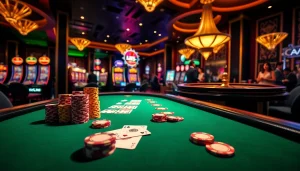 KJC's vibrant casino scene with a high-stakes poker table, colorful chips, and roulette wheel showcases thrilling gambling action.