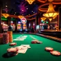 KJC's vibrant casino scene with a high-stakes poker table, colorful chips, and roulette wheel showcases thrilling gambling action.