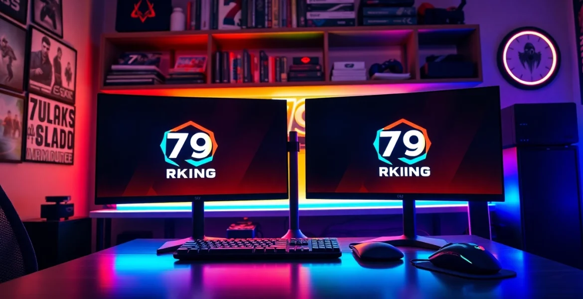 Engaging gaming setup showcasing the 79king logo with vibrant RGB lighting and dual monitors.