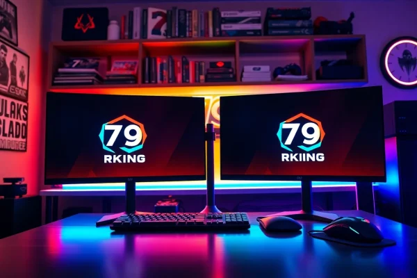 Engaging gaming setup showcasing the 79king logo with vibrant RGB lighting and dual monitors.