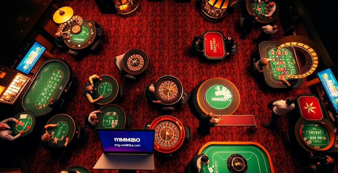Experience thrilling casino action at https://mm88.sa.com/ with players around roulette wheels and poker tables.