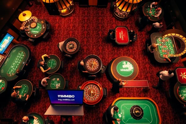 Experience thrilling casino action at https://mm88.sa.com/ with players around roulette wheels and poker tables.