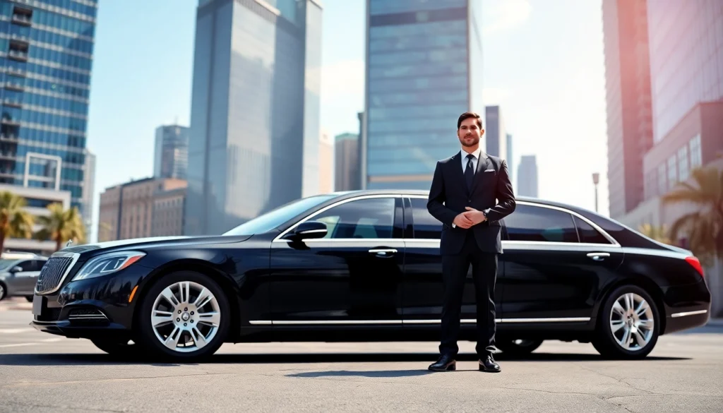 Experience premium Chauffeur Services near me with a luxury limousine and professional chauffeur in an urban setting.