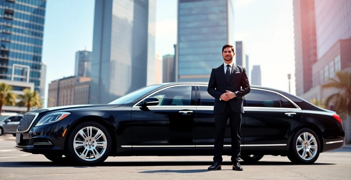 Experience premium Chauffeur Services near me with a luxury limousine and professional chauffeur in an urban setting.