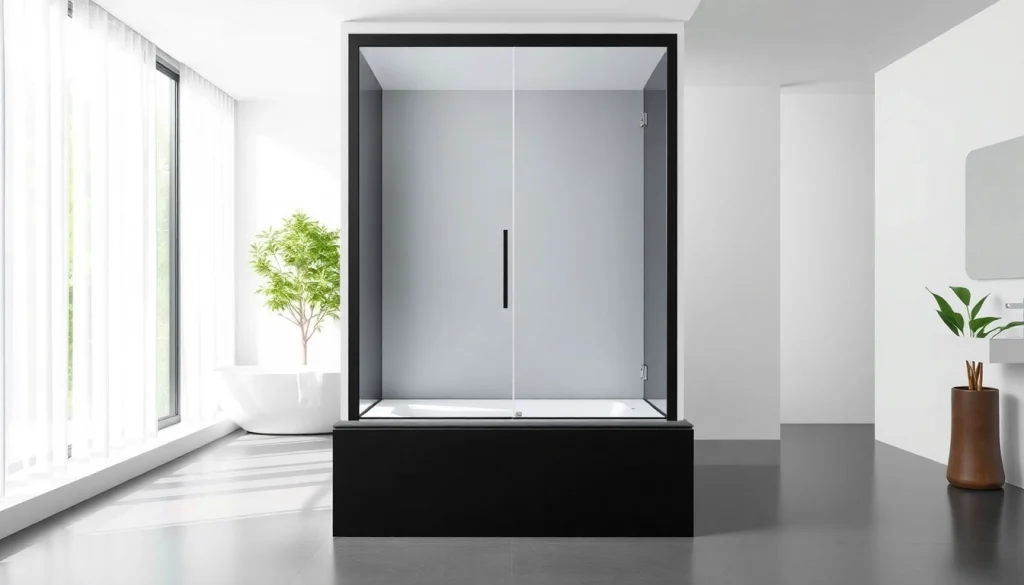 Admire la paroi de douche 150x200 élégante en verre sécuritaire avec cadre noir mat.