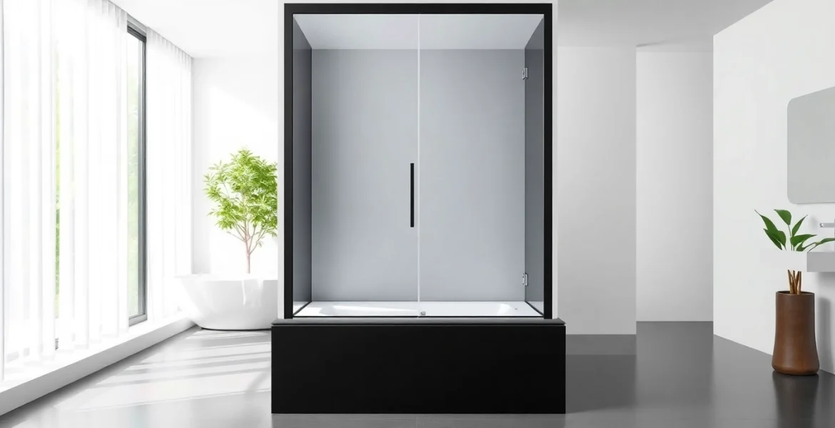 Admire la paroi de douche 150x200 élégante en verre sécuritaire avec cadre noir mat.
