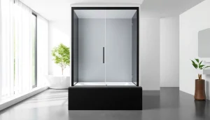 Admire la paroi de douche 150x200 élégante en verre sécuritaire avec cadre noir mat.