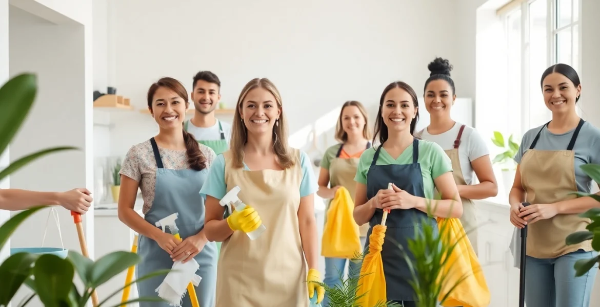 Enhance your home with a professional Cleaning Service, featuring a friendly team in action.