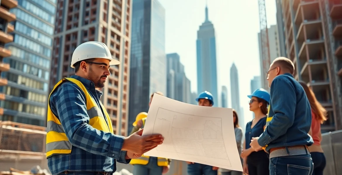 Detail-oriented Manhattan General Contractor collaborating at a bustling urban construction site.