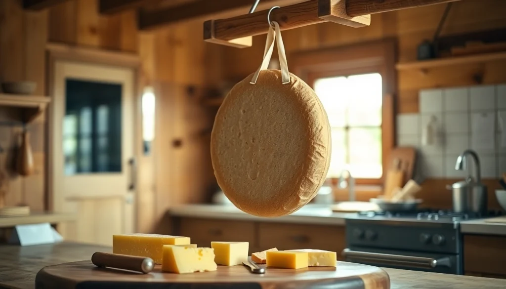 Kaasdoek hangt in een rustieke keuken met een stijlvol kaasplankje en natuurlijke verlichting.