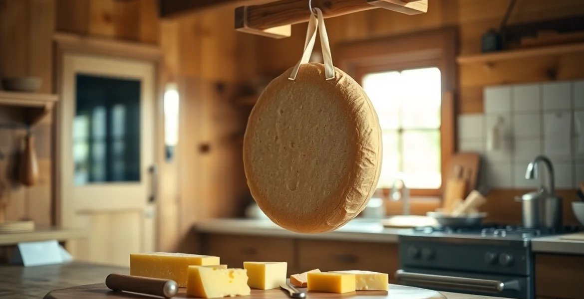 Kaasdoek hangt in een rustieke keuken met een stijlvol kaasplankje en natuurlijke verlichting.