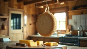Kaasdoek hangt in een rustieke keuken met een stijlvol kaasplankje en natuurlijke verlichting.
