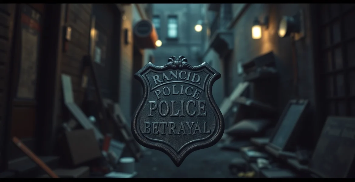 Unveiling the gripping narrative of Rancid Badges through a dramatic close-up of a weathered police badge.