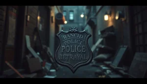 Unveiling the gripping narrative of Rancid Badges through a dramatic close-up of a weathered police badge.