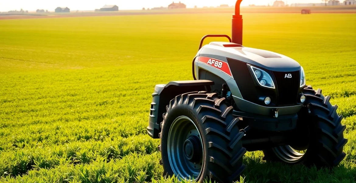 AF88 tractor demonstrating advanced features while plowing a vibrant green field under sunlight