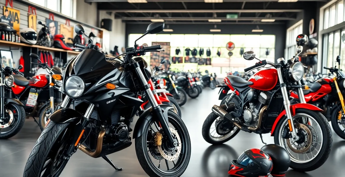Motorräder gebraucht kaufen in einer einladenden Verkaufsumgebung mit vielfältiger Auswahl.