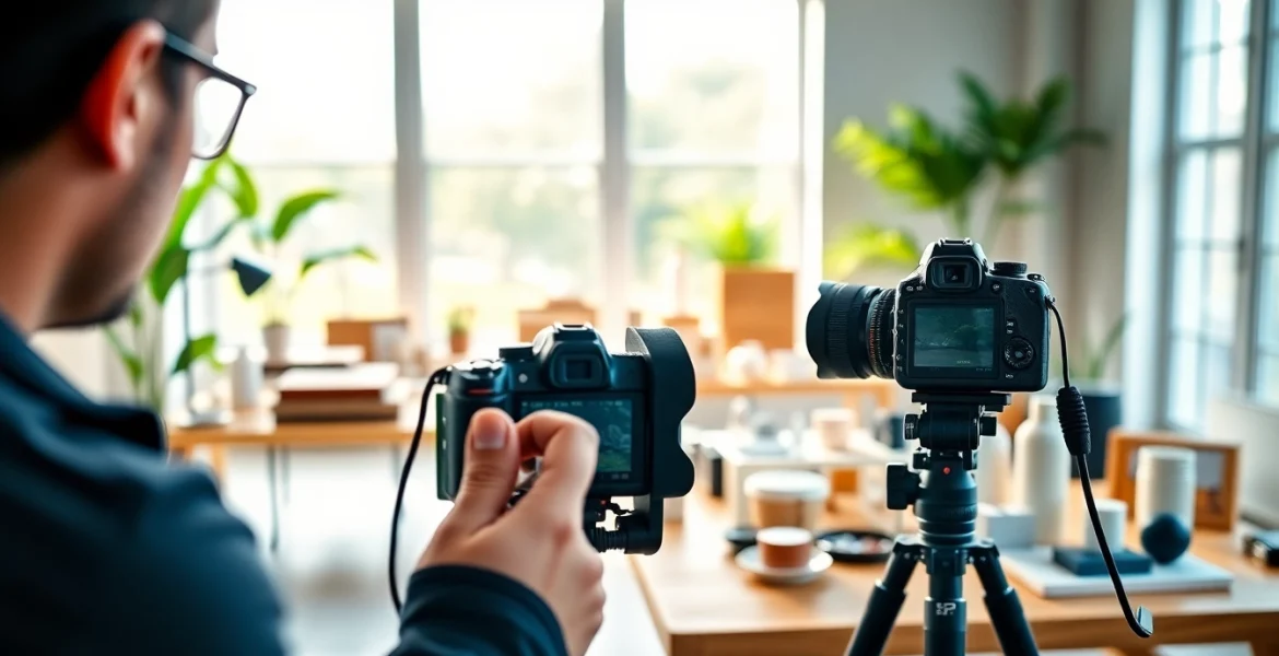 Fotografo ecommerce professionale che scatta foto in uno studio luminoso e moderno.