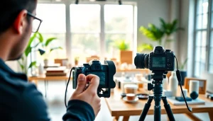 Fotografo ecommerce professionale che scatta foto in uno studio luminoso e moderno.