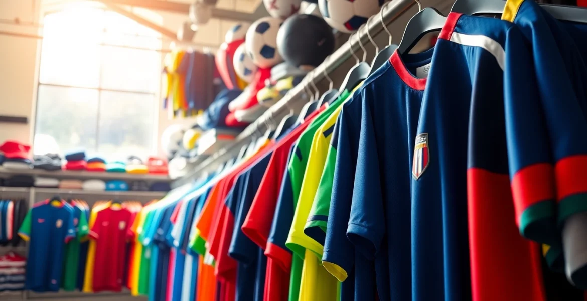 Discover stylish Team kit jerseys arranged appealingly in a professional sports store setting.