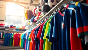 Discover stylish Team kit jerseys arranged appealingly in a professional sports store setting.