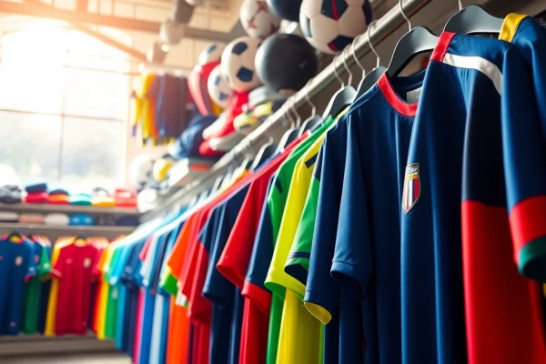 Discover stylish Team kit jerseys arranged appealingly in a professional sports store setting.