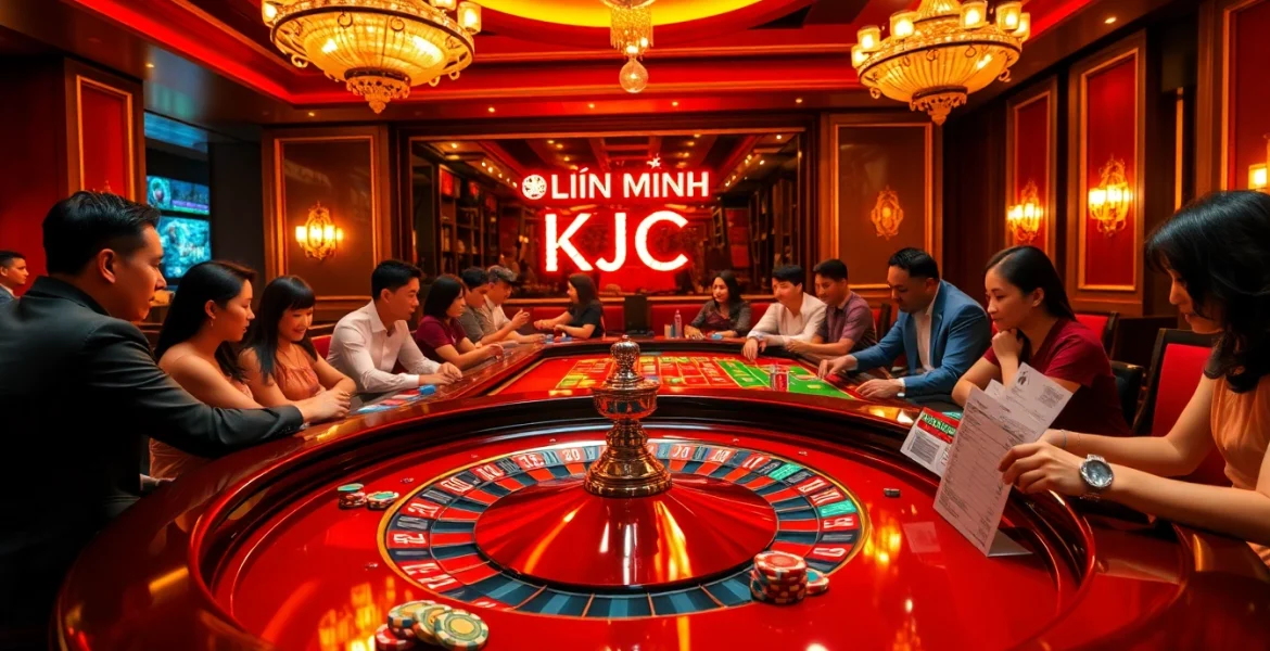 Experience the thrill of 'LIÊN MINH KJC' at an upscale casino with players enjoying roulette.